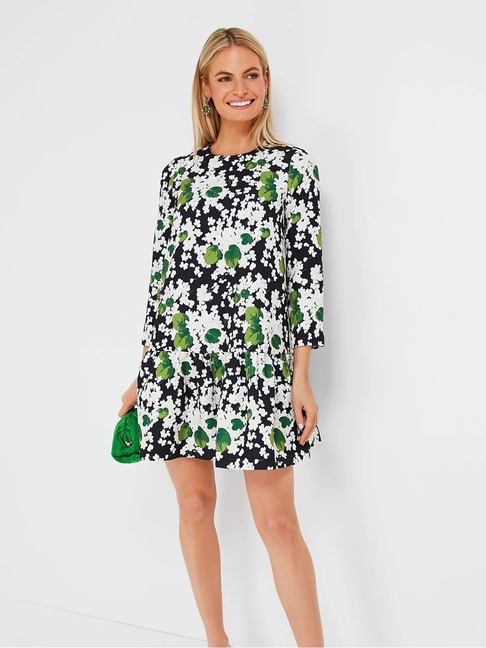 Tuckernuck Noir Hydrangea Blooms Pierce Ruffle Mini Dress Green White Floral